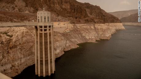Lake Mead upstream from the Hoover Dam in April 2023.