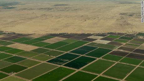 An aerial view of farm land in California&#39;s Imperial Valley in April 2023.