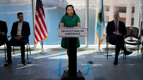 Bureau of Reclamation Commissioner Camille Calimlim Touton speaks during a news conference on Lake Mead at Hoover Dam in April. (AP Photo/John Locher)