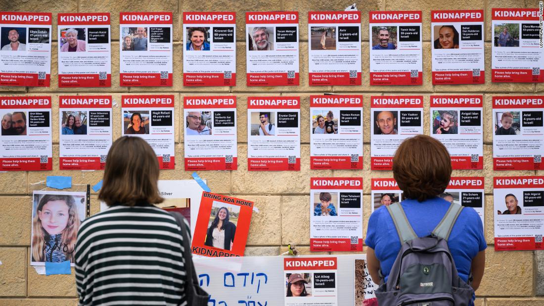 Photographs of people taken hostage by Hamas are seen in Tel Aviv on October 18.