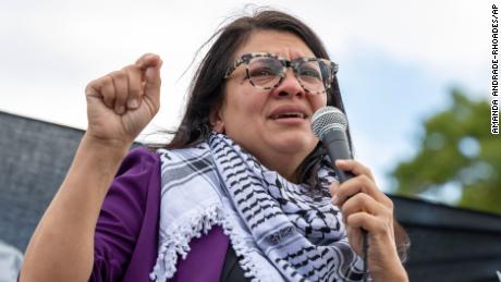 Michigan Rep. Rashida Tlaib speaks during a demonstration near the US Capitol in Washington, DC, on October 18, 2023, calling for a ceasefire in Gaza.