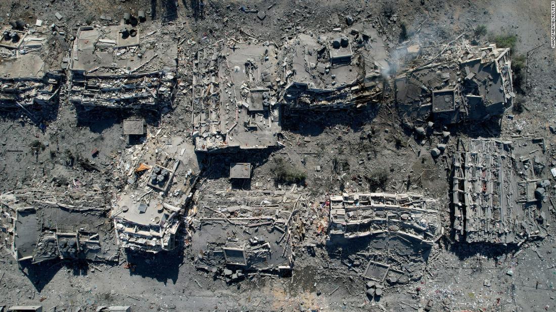 An aerial view of residential buildings destroyed in Israeli airstrikes in Zahra City, Gaza, on October 21.