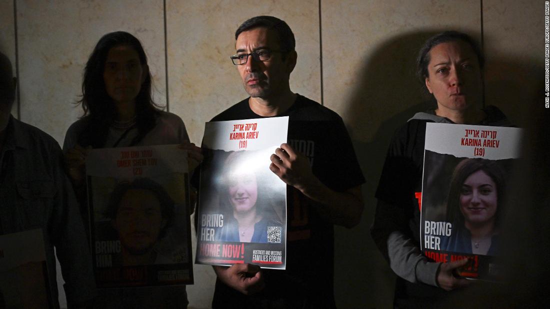 Relatives of hostages speak to the media during the &quot;Lighting up the Light&quot; campaign for the return of those held captive, in Tel Aviv, Israel, on October 21.