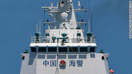 A Chinese coast guard ship patrols in the South China Sea on  August 22, 2023.