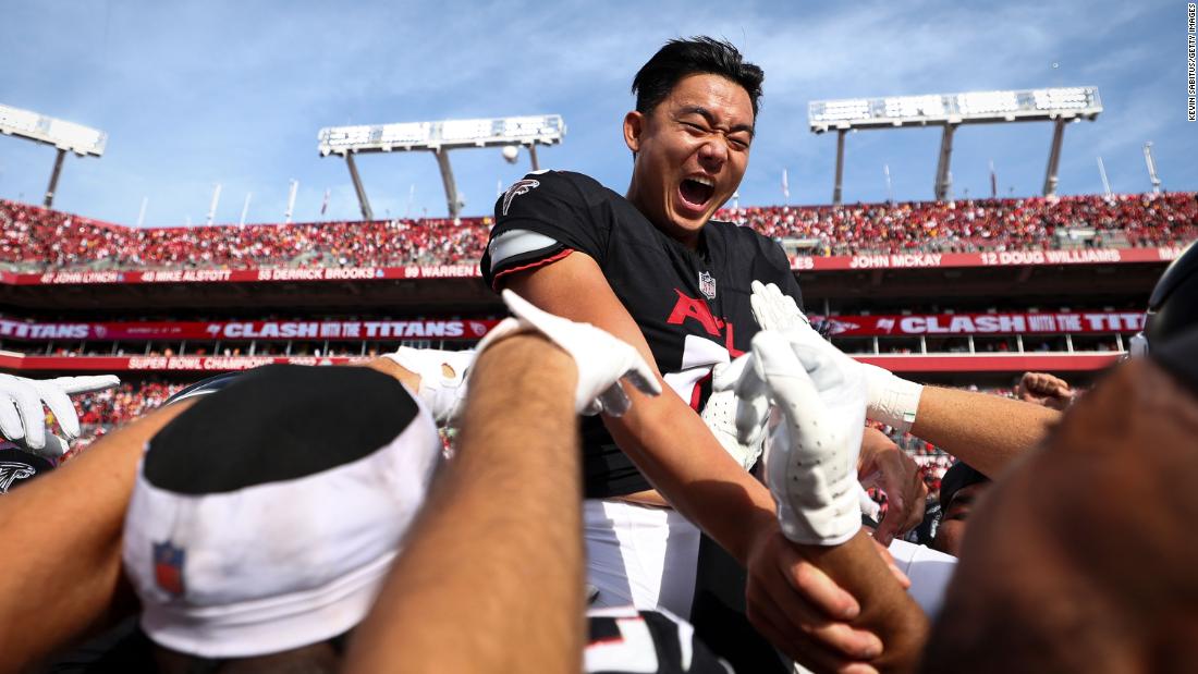 Atlanta Falcons placekicker Younghoe Koo celebrates with teammates after making a game-winning field goal on the final play of the Falcons&#39; 16-13 victory over the Tampa Bay Buccaneers on October 22. 