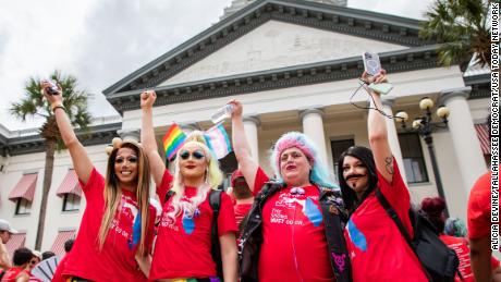 Hundreds of drag queens and allies marched from Cascades Park to the Florida Capitol where they held a rally on the steps of the Historical Capitol building on Tuesday, April 25, 2023.