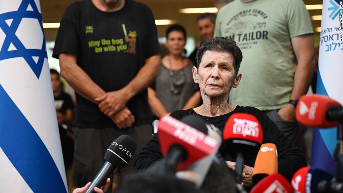 Yocheved Lifshitz speaks to the media after she was released by Hamas, outside Ichilov Hospital in Tel Aviv, Israel, on October 24.