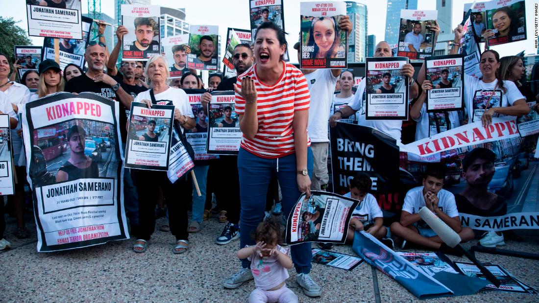 Relatives of hostages held in Gaza demonstrate in Tel Aviv, Israel, on October 26.