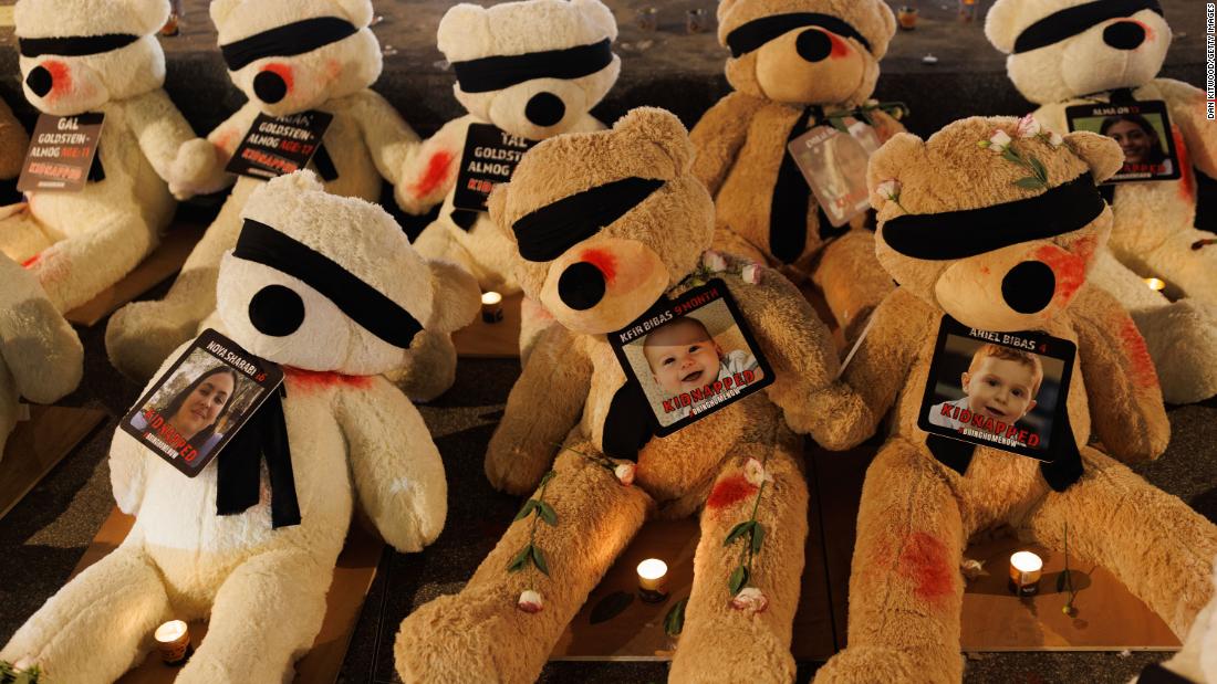 Teddy bears with their eyes covered and showing signs of injury are displayed to highlight the young children and babies currently missing, believed to be being held hostage by Hamas, on October 27 in Tel Aviv, Israel.
