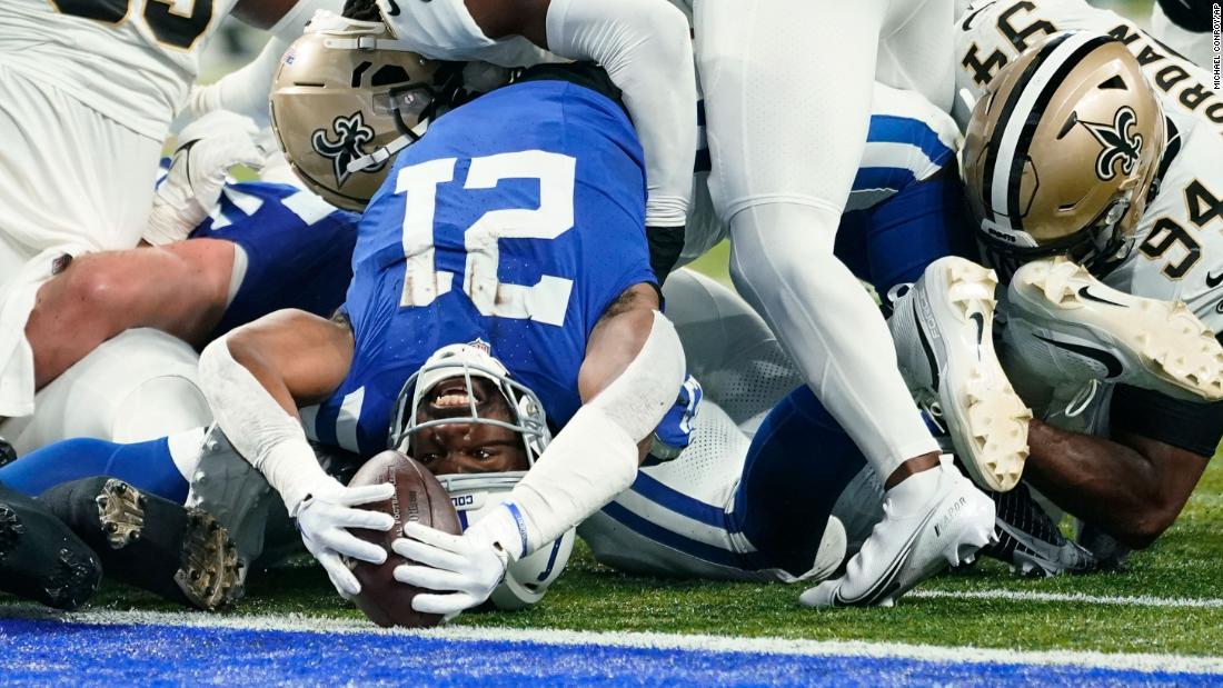 Indianapolis Colts running back Zack Moss reaches for a one-yard touchdown run during the Colts&#39; 38-27 loss to the New Orleans Saints on October 29.