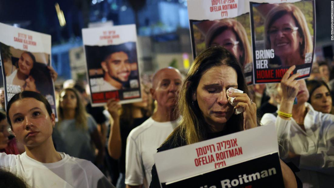 Protesters call for the release of hostages kidnapped by Hamas during a demonstration near HaKirya base in Tel Aviv, Israel, on November 4.