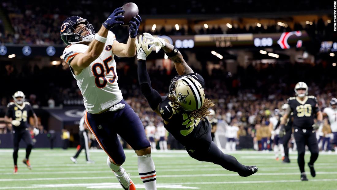 Chicago Bears tight end Cole Kmet catches a touchdown pass while defended by Tyrann Mathieu of the New Orleans Saints on November 5. The Saints beat the Bears 24-17. 