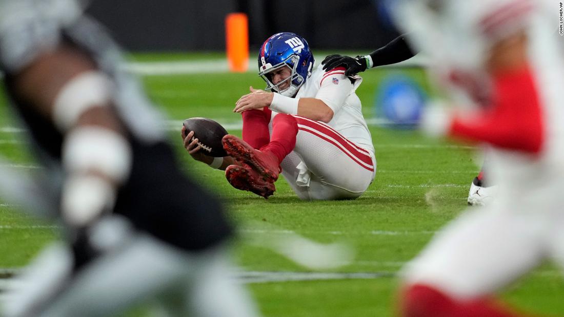 New York Giants quarterback Daniel Jones grimaces after being sacked during the Giants&#39; 30-6 loss to the Las Vegas Raiders on November 5.