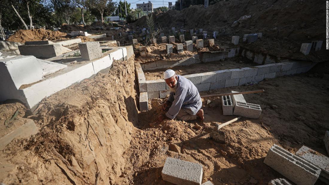 Cemetery attendant Sadi Berek, 63, works to maintain graves of children who were killed in the aftermath of Israeli attacks in Deir Al-Balah, Gaza, on Friday, November 10.