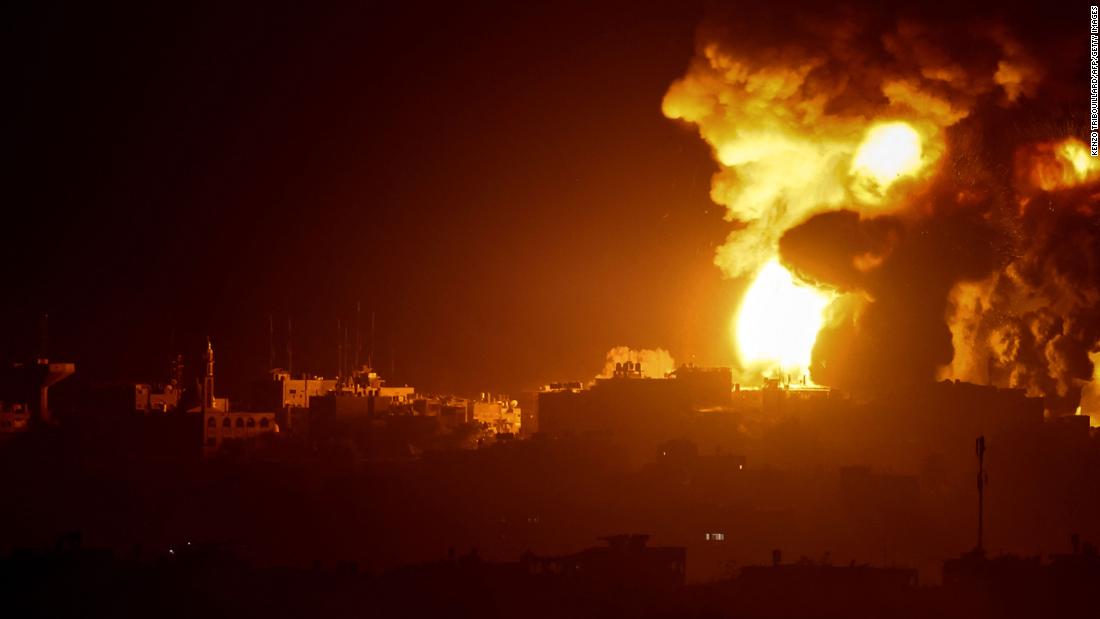 A fireball erupts during Israeli bombardment of Gaza, as seen from Israel, on Thursday, November 9.