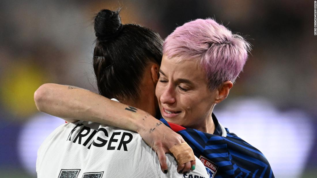 Rapinoe hugs Gotham FC&#39;s Ali Krieger during the National Women&#39;s Soccer League final match in San Diego in November 2023. Rapinoe&lt;a href=&quot;https://www.cnn.com/2023/11/11/sport/megan-rapinoe-ali-krieger-nwsl-final-spt-intl/index.html&quot; target=&quot;_blank&quot;&gt; limped out of the final game of her storied career&lt;/a&gt;, suffering an apparent ankle injury less than three minutes into the match. Krieger, another US soccer legend and Rapinoe&#39;s longtime teammate on the US Women&#39;s National Team, also announced her retirement from professional soccer at the end of the 2023 NWSL season.