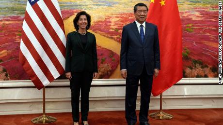 US Commerce Secretary Gina Raimondo (L) and Chinese Vice Premier He Lifeng pose for photographs before their meeting at the Great Hall of the People in Beijing on August 29, 2023. (Photo by Andy Wong / POOL / AFP) (Photo by ANDY WONG/POOL/AFP via Getty Images)