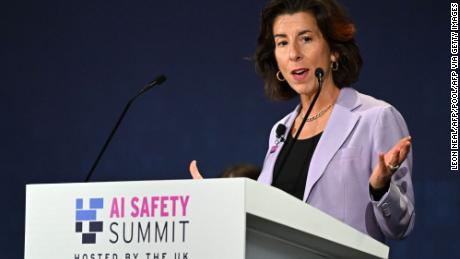 US Commerce Secretary Gina Raimondo speaks during the UK Artificial Intelligence (AI) Safety Summit at Bletchley Park, in central England, on November 1, 2023. (Photo by Leon Neal / POOL / AFP) (Photo by LEON NEAL/POOL/AFP via Getty Images)