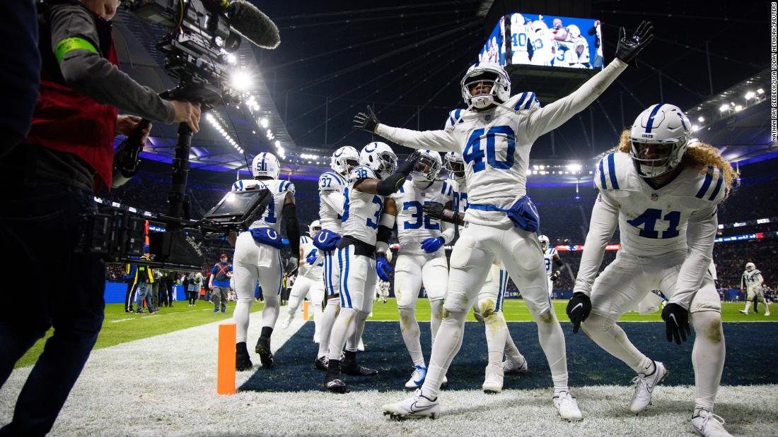 Indianapolis Colts safety Julian Blackmon celebrates with teammates after intercepting the ball during the Colts&#39; 10-6 victory over the New England Patriots in Frankfurt, Germany, on Sunday, November 12. 