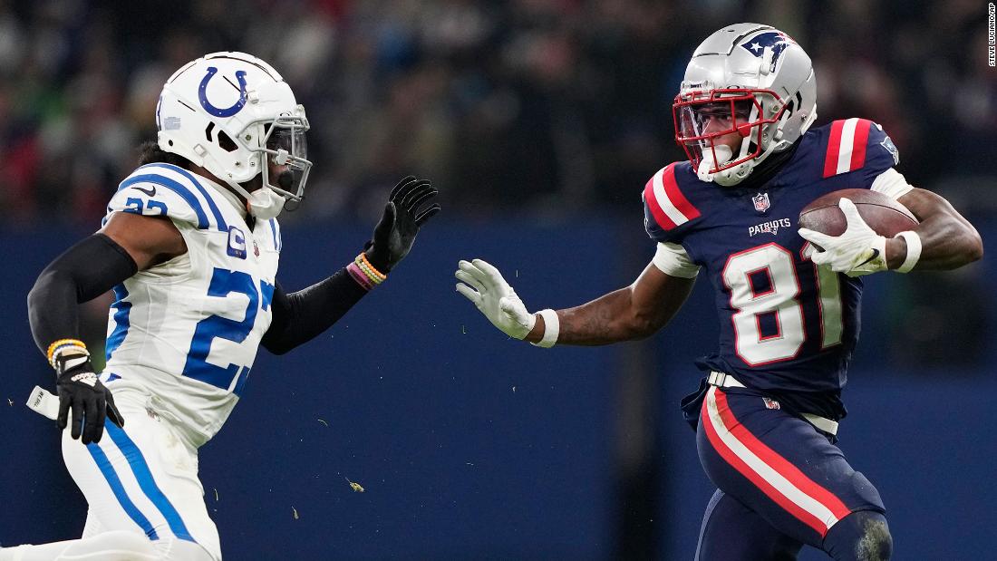 New England Patriots wide receiver Demario Douglas evades Indianapolis Colts cornerback Kenny Moore II on November 12. 