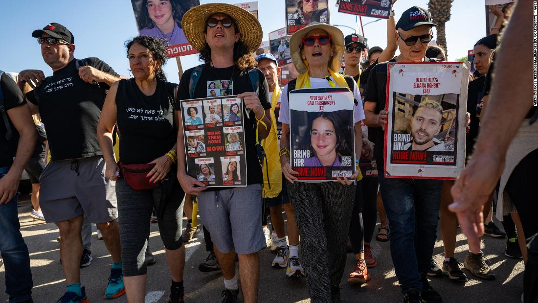 Families of hostages march from Tel Aviv to Jerusalem on November 16, in Beit Hashmonai, Israel.