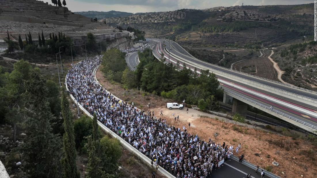 Tens of thousands of people led by the families of Hamas&#39; hostages walk along Route 1 to enter Jerusalem on the &lt;a href=&quot;https://edition.cnn.com/2023/11/18/world/netanyahu-hamas-hostages-israel/index.html&quot; target=&quot;_blank&quot;&gt;fifth and final day of the March for the Hostages&lt;/a&gt; on November 18.