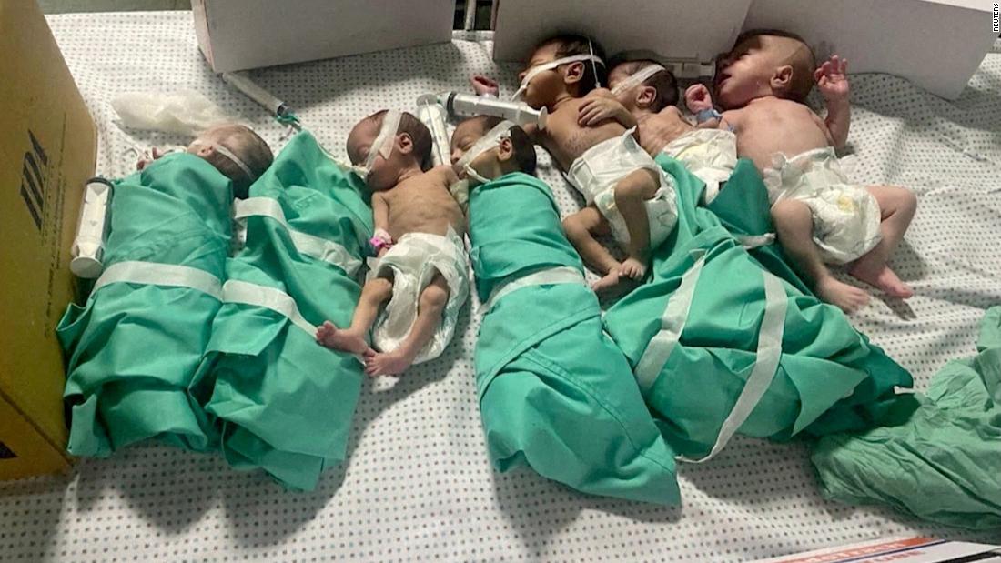 Newborns are placed in a bed after being taken off incubators in Gaza&#39;s Al-Shifa hospital after power outage in Gaza City on Sunday, November 12. 