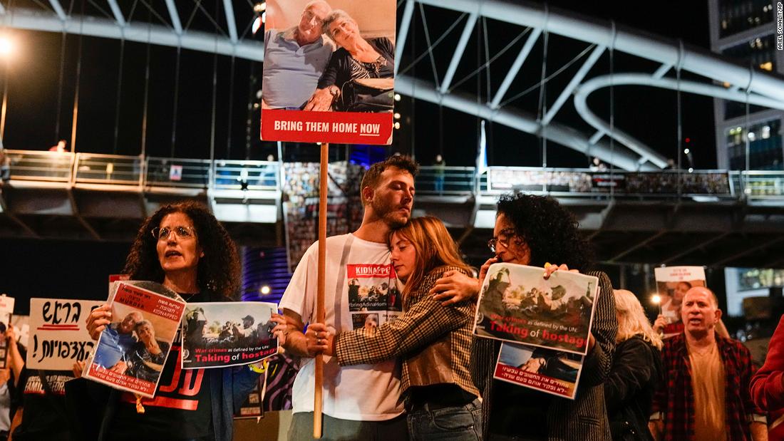 Families and friends of hostages held in Gaza call for Israeli Prime Minister Benjamin Netanyahu to bring them home, during a demonstration in Tel Aviv on Tuesday, November 21.