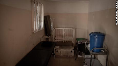 The makeshift delivery room partitioned in the shipping container used as the camp&#39;s health post