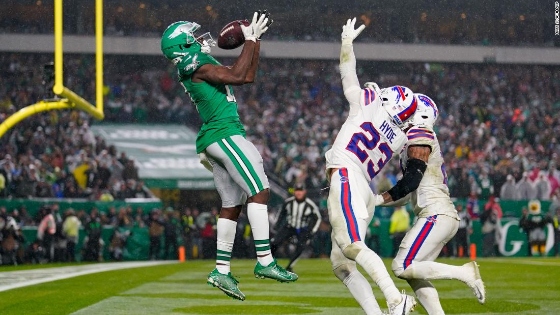 Philadelphia Eagles wide receiver Olamide Zaccheaus catches a touchdown pass over Buffalo Bills safety Micah Hyde on November 26.