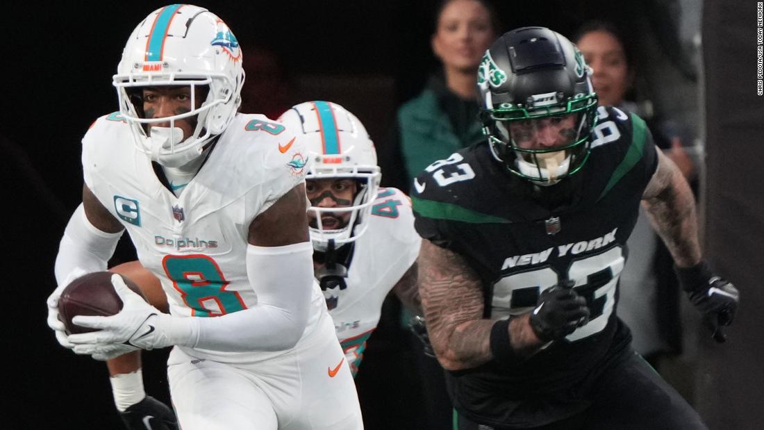 Miami Dolphins safety Jevon Holland runs the ball after intercepting New York Jets quarterback Tim Boyle&#39;s Hail Mary pass on the 1-yard line on Friday, November 24. Holland &lt;a href=&quot;https://www.cnn.com/2023/11/25/sport/miami-dolphins-new-york-jets-nfl-spt-intl/index.html&quot; target=&quot;_blank&quot;&gt;ran it to the other end of the field&lt;/a&gt;, weaving through the scrambled defense, for an astonishing 99-yard interception touchdown. The Dolphins beat the Jets 34-13.