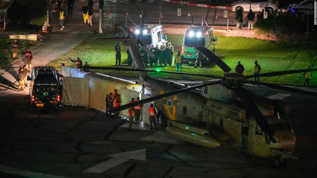 A helicopter carrying hostages released by Hamas lands at Schneider Children&#39;s Medical Center in Petah Tikva, Israel, on November 24.