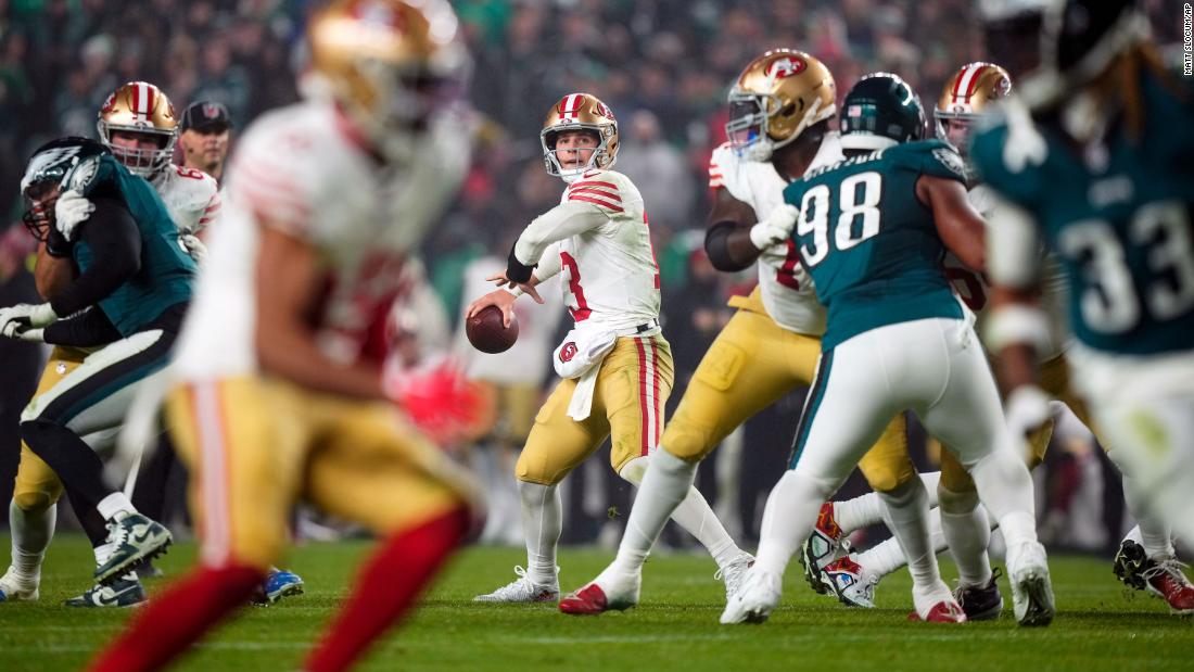 San Francisco 49ers quarterback Brock Purdy looks to pass during the 49ers&#39; 42-19 victory over the Philadelphia Eagles on Sunday, December 3.