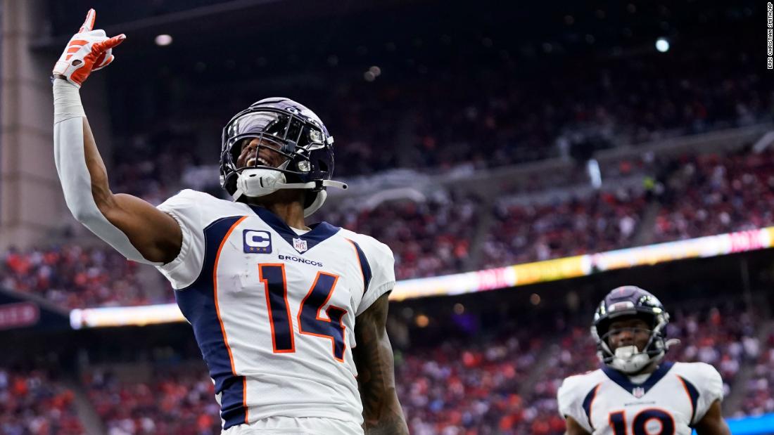 Denver Broncos wide receiver Courtland Sutton celebrates after catching a 45-yard touchdown pass on December 3. The Broncos lost to the Houston Texans 22-17.