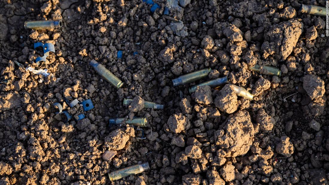 A close-up view of spent bullet casings on the ground near the Gaza border, in southern Israel, on December 6.