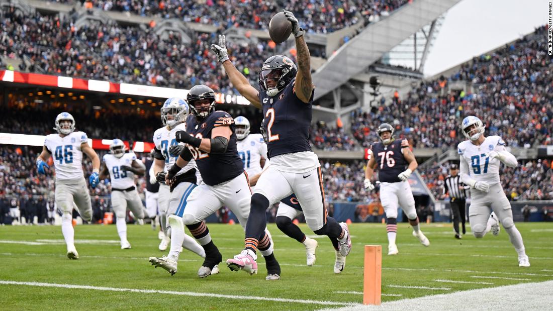 D.J. Moore of the Chicago Bears celebrates a touchdown during the first quarter of the Bears&#39; 28-13 upset win over the Detroit Lions on Sunday, November 10. 