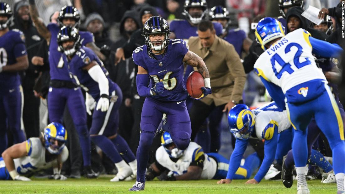 Baltimore Ravens wide receiver Tylan Wallace escapes multiple attempted tackles during a 76-yard punt return for a touchdown in overtime against the Los Angeles Rams on December 10. Wallace&#39;s touchdown earned the Ravens a 37-31 victory.