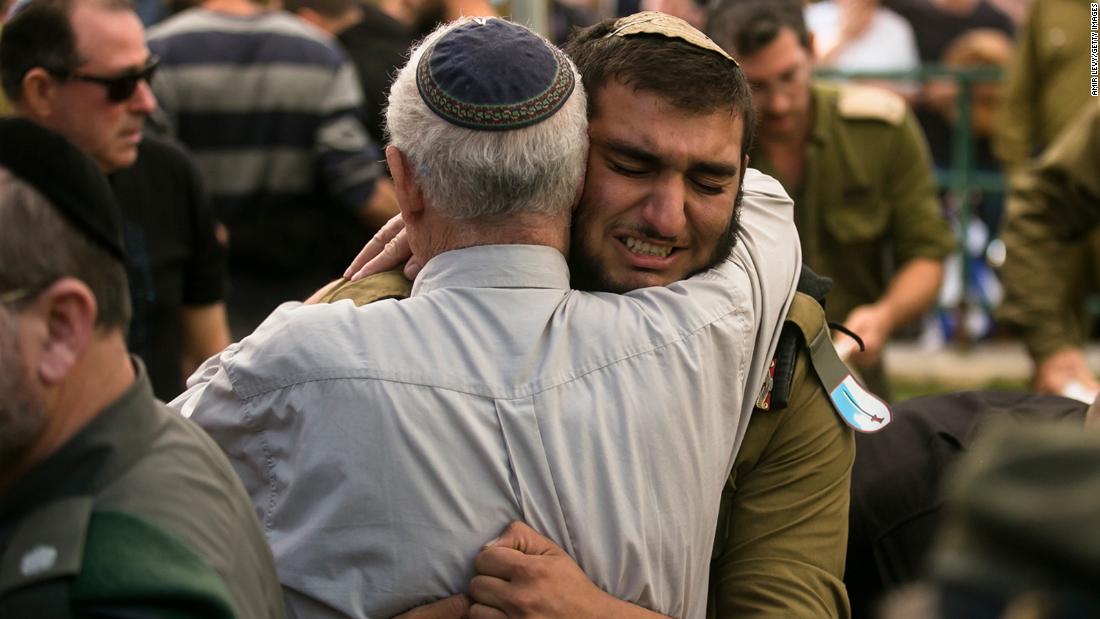 A soldier reacts during a funeral for IDF Reservist Maj. Eviatar Cohen in Kfar Saba, Israel, on December 12.