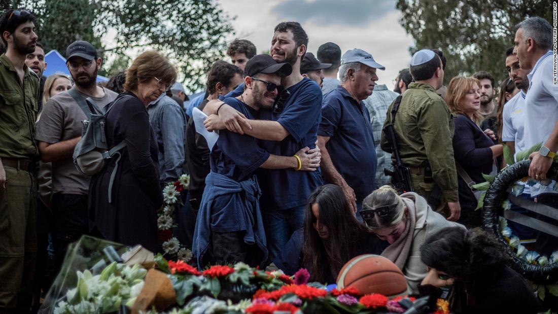 Relatives and friends of Alon Lulu Shamriz, one of the 3 Israeli hostages who were mistakenly killed by friendly fire, mourn during his funeral in Shefayim, Israel, on December 17.
