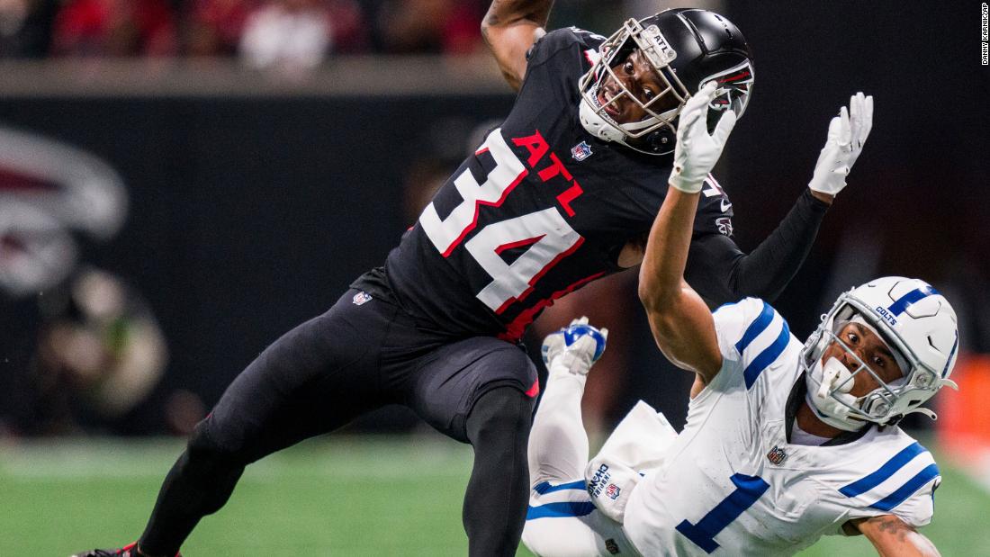 Indianapolis Colts wide receiver Josh Downs can&#39;t make the catch as Atlanta Falcons cornerback Clark Phillips III defends on December 24. The Falcons won 29-10.