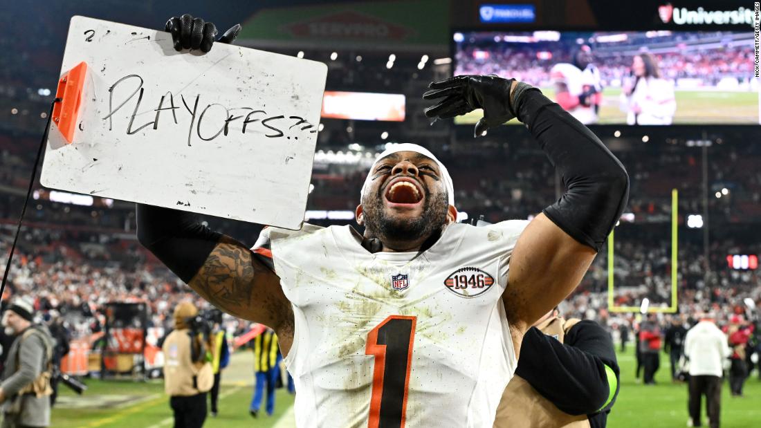 Cleveland Browns safety Juan Thornhill celebrates after beating the New York Jets on Thursday, December 28. The Browns defeated the Jets 37-20, &lt;a href=&quot;https://www.cnn.com/2023/12/29/sport/joe-flacco-elijah-moore-browns-playoffs-spt-intl/index.html&quot; target=&quot;_blank&quot;&gt;securing a spot in the playoffs&lt;/a&gt;. It will be the Browns&#39; first postseason appearance since 2020, and third since 1999.