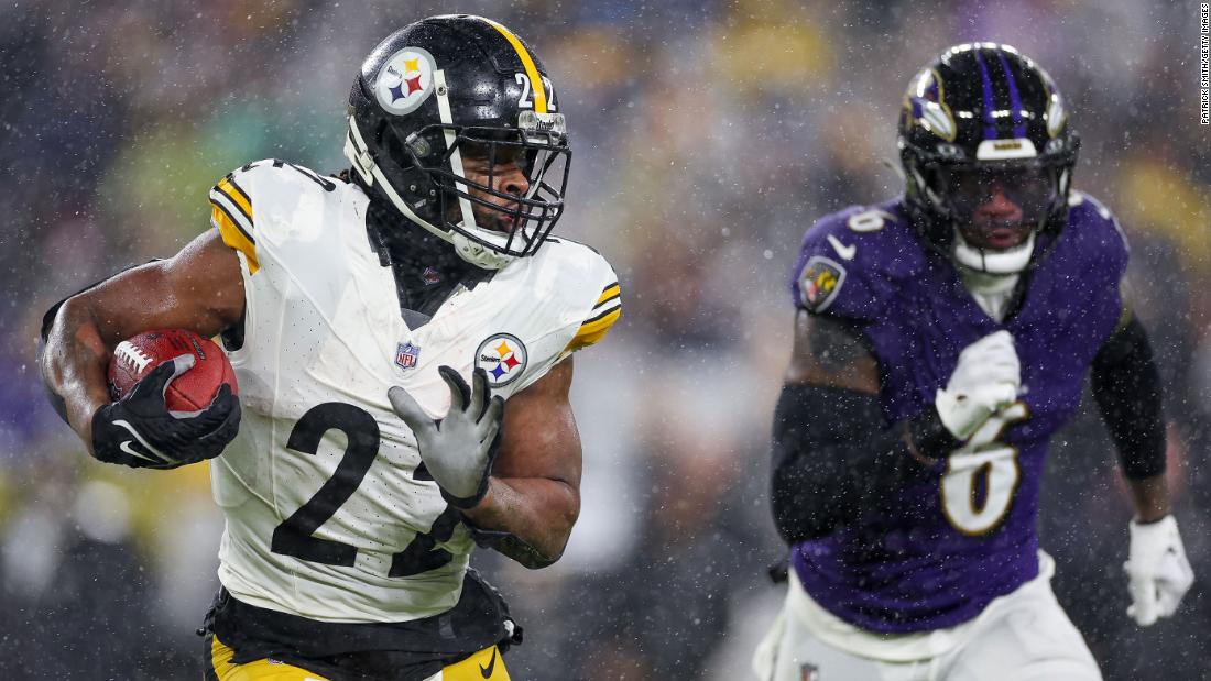 Pittsburgh Steelers running back Najee Harris runs the ball during the Steelers&#39; 17-10 victory over the Baltimore Ravens on Saturday, January 6. The Ravens rested many of their starters, including quarterback Lamar Jackson, as they had already clinched the No. 1 seed in the AFC. The Steelers made the playoffs as a wild-card team.