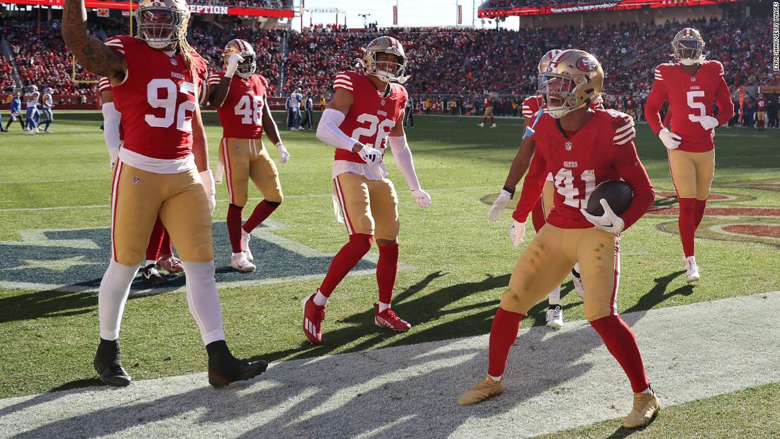 San Francisco 49ers safety Tayler Hawkins celebrates with teammates after an interception on January 7. The 49ers went on to lose 21-20 to the Los Angeles Rams, but they already had the No. 1 seed locked up in the NFC. The Rams were already set as a wild-card team.