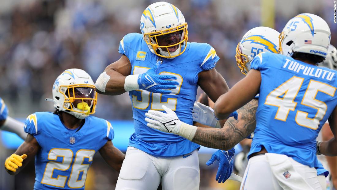 Los Angeles Chargers linebacker Khalil Mack celebrates a sack during the Chargers&#39; 24-17 victory on Sunday, October 1. Mack recorded six sacks, becoming the fifth player in NFL history to do so in a single game.