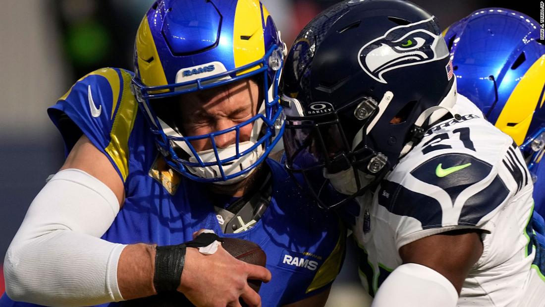 Seattle Seahawks cornerback Devon Witherspoon sacks Los Angeles Rams quarterback Matthew Stafford on Sunday, November 19. The Seahawks beat the Rams 17-16.