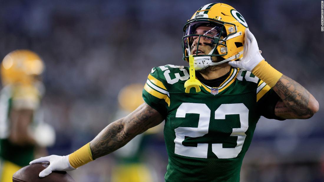 Green Bay Packers cornerback Jaire Alexander celebrates an interception during the first quarter of the Packers&#39; upset win over the Dallas Cowboys on January 14. The Packers won 48-32, becoming the first No. 7 seed to win an NFL playoff game.
