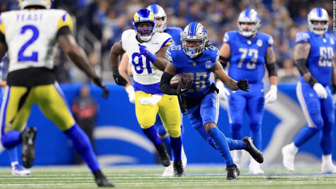 Detroit Lions running back Jahmyr Gibbs runs the ball during the Lions&#39; 24-23 victory over the Los Angeles Rams on Sunday, January 14. It was the Lions&#39; first playoff win since the 1991 season.