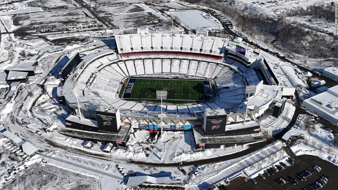 Buffalo&#39;s Highmark Stadium is covered in snow before the playoff game against Pittsburgh on January 15. The game was delayed a day because of winter storm conditions.