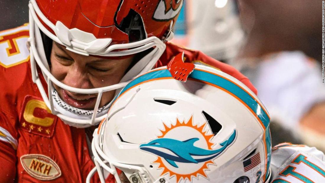 The helmet of Kansas City Chiefs quarterback Patrick Mahomes breaks as he is hit by Miami Dolphins safety DeShon Elliott during the &lt;a href=&quot;https://www.cnn.com/2024/01/14/sport/kansas-city-chiefs-defeat-miami-dolphins-cold/index.html&quot; target=&quot;_blank&quot;&gt;Chiefs&#39; 26-7 victory over the Dolphins&lt;/a&gt; on Saturday, January 13. The temperature at kickoff was -4 degrees Fahrenheit in Kansas City, with a wind chill of -20 degrees. That made it &lt;a href=&quot;https://www.cnn.com/2024/01/13/weather/coldest-nfl-games-trnd/index.html&quot; target=&quot;_blank&quot;&gt;the fourth-coldest game in NFL history&lt;/a&gt;, according to the Peacock broadcast.