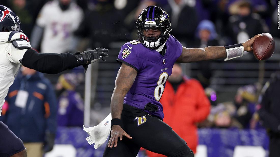Baltimore Ravens quarterback Lamar Jackson evades Houston Texans defensive tackle Sheldon Rankins to score an 8 yard touchdown on January 20 in Baltimore. The Ravens won 34-10 and earned a spot in the AFC Championship game next weekend, their first since the 2012 season.